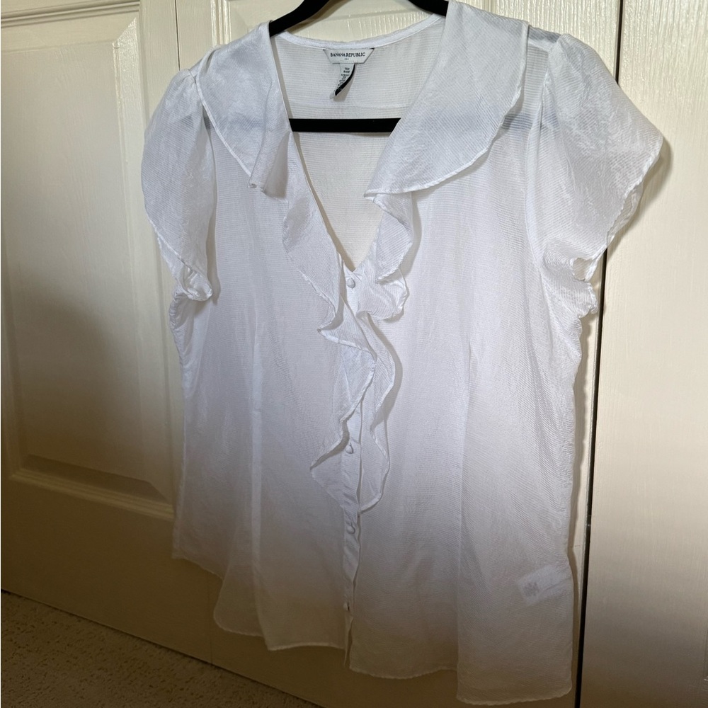 White Banana Republic Sheer Silk Blend Ruffled Blouse